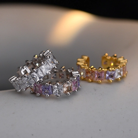 Orecchini Ear Cuff in Argento Sterling S925 Con Strass Pavé Senza Piercing Clip Geometriche Per Donna Gioielli Pietre Arcobaleno Bianche