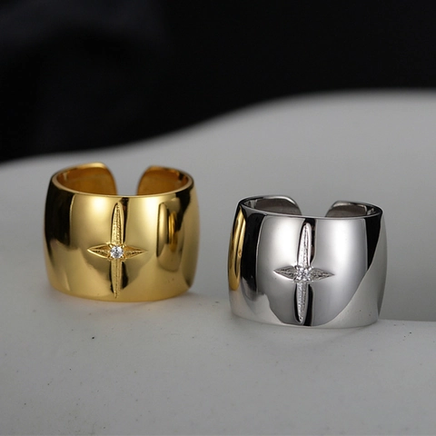 Anello Aperto in Argento Sterling 925 a Stella per Uomo Donna Hip Hop Esagerato Zirconia Regolabile Fascia Larga Punk Gioielli