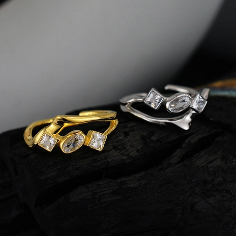 Minimalistischer 925 Sterlingsilber Verstellbarer Offener Ring Damen Unregelmäßige Linie Zirkonia Eingelegt Gold Silber Schmuck
