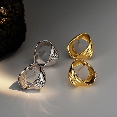 Pendientes de Botón Geométricos Irregulares de Plata de Ley S925 para Mujer Joyas de Moda Galvanizadas con Diseño de Ondas Huecas