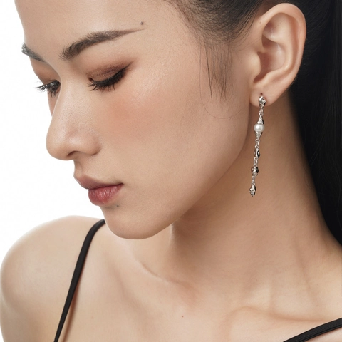 Boucles d'Oreilles Pendantes Perle Artificielle en Argent Sterling S925 pour Femmes Designer de Niche Métal Irrégulier Bicolore Bijoux