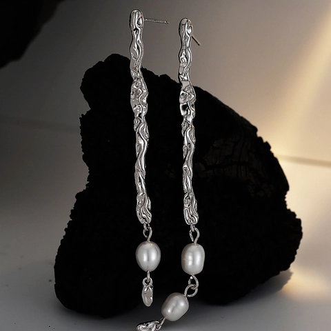 Asymmetric 925 Sterling Silver Freshwater Pearl Drop Earrings For Women Lava Texture Melted Metal Gold Silver Plated Jewelry