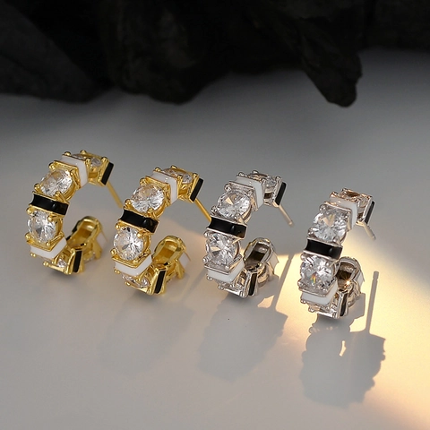 925 Sterling Silver Zirconia Hoop Earrings For Women Luxury Black White Enamel C-Shaped 18K Gold Plated Stud Earrings Jewelry