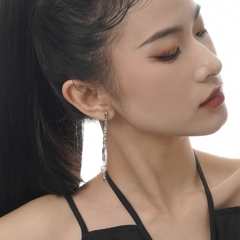 Asymmetric 925 Sterling Silver Freshwater Pearl Drop Earrings For Women Lava Texture Melted Metal Gold Silver Plated Jewelry