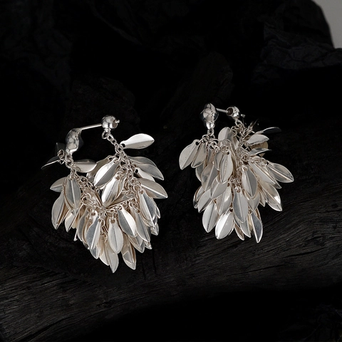 925 Sterling Silver Leaf Tassel Stud Earrings For Women Ethnic Style Swaying Leaf Design Fashion Jewelry Accessories