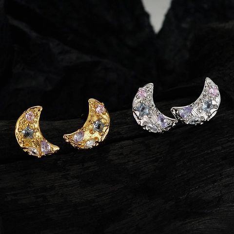 Pendientes de Botón de Luna Irregular de Plata de Ley S925 Con Diamantes de Imitación de Colores Estilo Sweet Cool Textura Martillada Coreana Joyería para Mujer