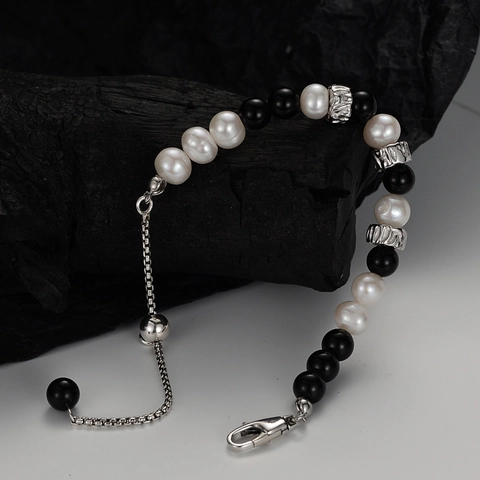 Pulsera de Abalorios de Plata de Ley S925 Lujo Perla de Agua Dulce Obsidiana Joyería de Diseño Ajustable Mujer