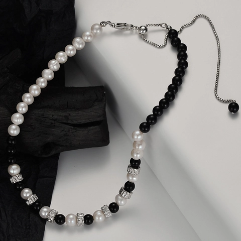 S925 Sterlingsilber Süßwasserperlen Kette Mit Schwarzen Obsidian Perlen Verstellbare Retro Luxus Halsschmuck Für Damen