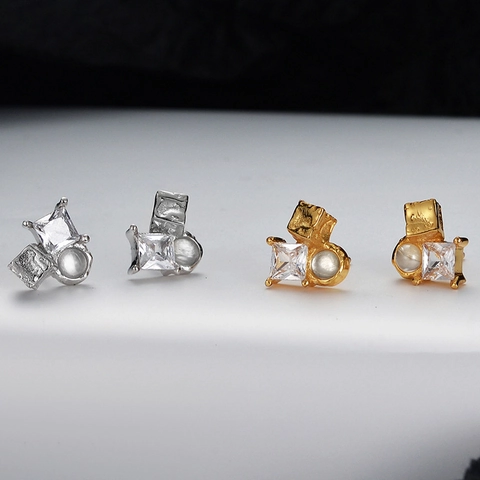 Pendientes de Botón de Plata de Ley S925 Geométricos Irregulares Con Strass y Perla Artificial Joyería de Moda para Mujer