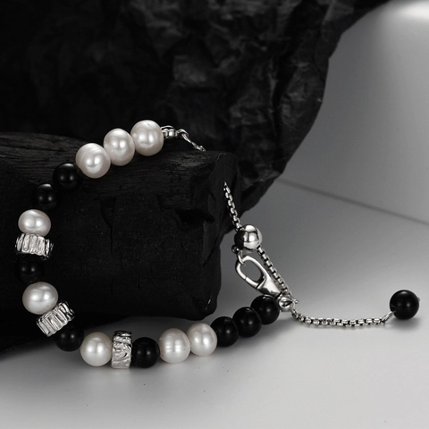 Pulsera de Abalorios de Plata de Ley S925 Lujo Perla de Agua Dulce Obsidiana Joyería de Diseño Ajustable Mujer