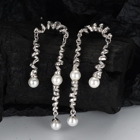 Pendientes de Borla Larga de Plata de Ley 925 Perlas Artificiales Espiral Retorcida Diseño de Nicho Elegante Joyería Regalo