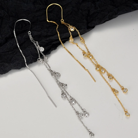 S925 Argento Sterling Lunghe Nappine Fili per Orecchie Donna Eleganti Minimalisti Strass Intarsiato Orecchini Pendenti Gioielli