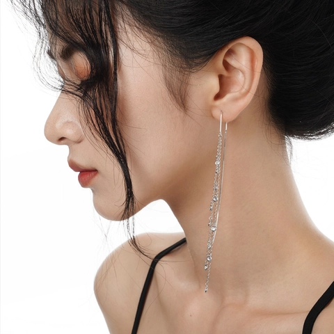 S925 Argento Sterling Lunghe Nappine Fili per Orecchie Donna Eleganti Minimalisti Strass Intarsiato Orecchini Pendenti Gioielli