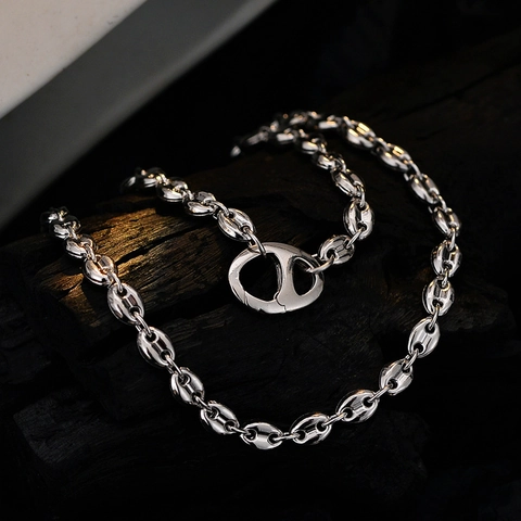 Collana a Catena con Maglie a Naso di Maiale in Argento Sterling 925 per Donna Stile Industriale Heavy Metal Galvanizzato