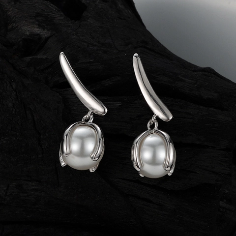 Pendientes de Botón de Plata de Ley 925 Hoja Geométrica Perla Mujer Elegante Perla Artificial Joyería de Lujo Pendientes