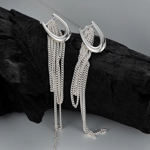 Pendientes De Borla Larga De Plata De Ley S925 Para Mujer Pendientes Colgantes En Forma De U Geométricos Minimalistas Joyas