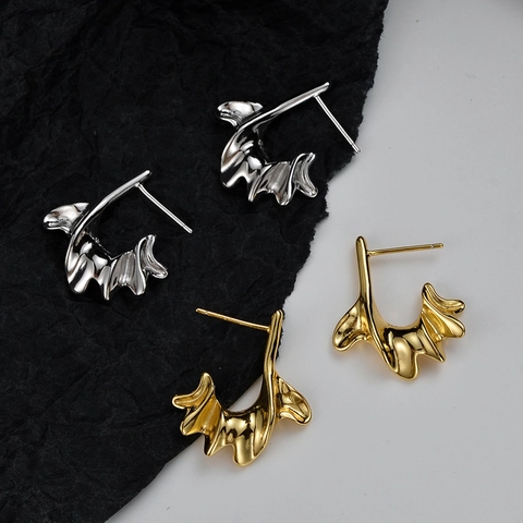 S925 Sterling Silver Stud Earrings For Women Irregular Lava Liquid Metal C-Shaped Gold Silver Plated Fashion Jewelry Gift