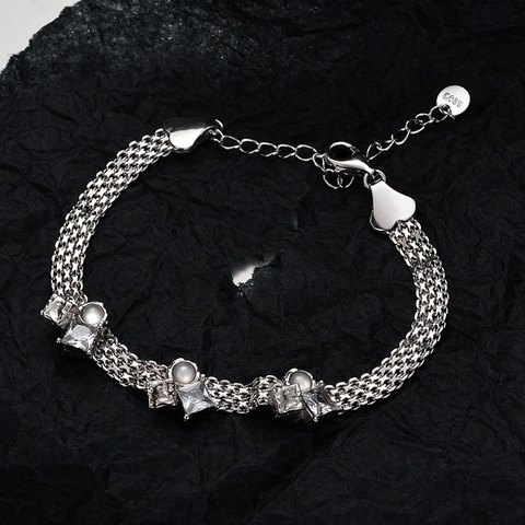 Luxueux Bracelet en Argent Sterling S925 Carré Agate Blanche Zirconia pour Femme Chaîne en Maille Tressée Faite à Main Bijoux Or Blanc