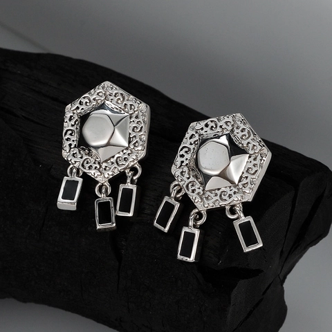 925 Sterling Zilver Vintage Etnisch Hexagram Oorknopjes Voor Vrouwen Holle Filigraan Geometrisch Emaille Kwastje Oorbellen