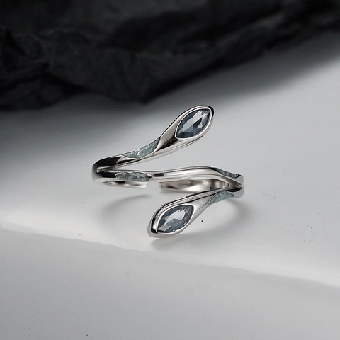 925 Sterling Silver Ice Blue Enamel Snake Ring For Women Minimalist Adjustable Open Ring Rhinestone Inlaid Fashion Jewelry