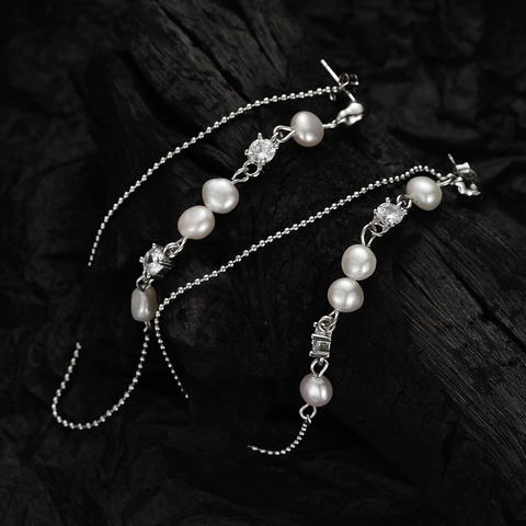 925 Sterling Silver Artificial Pearl Tassel Drop Earrings For Women Elegant Luxury Snowflake Rhinestone Long Dangle Jewelry Gift