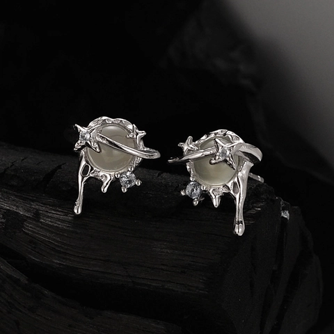 Boucles d'Oreilles Clous Style Coréen Planète Saturne Lave pour Femmes Avec Tige en Argent Sterling 925 Strass Perle Artificielle Bijoux