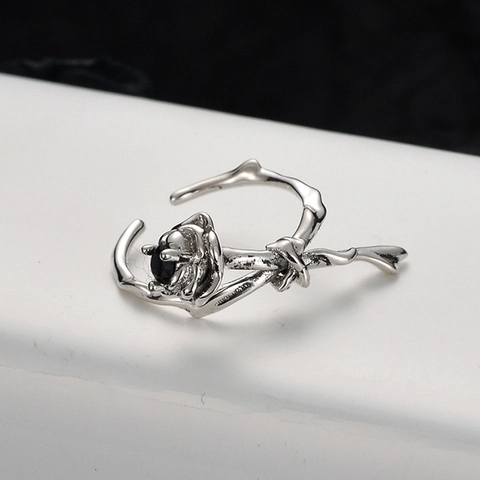 Anello Aperto Rosa Spine in Argento Sterling S925 Vintage per Donna Fiore con Strass Nero Regolabile Gioielli Gotici