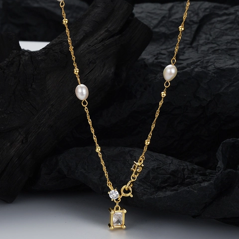 Collana in Argento Sterling S925 Con Perle Artificiali Barocche Donna Lusso Leggero Francese Strass Catena Lunga Gioielli