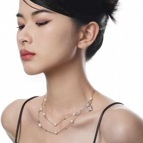 Collana in Argento Sterling S925 Con Perle Artificiali Barocche Donna Lusso Leggero Francese Strass Catena Lunga Gioielli