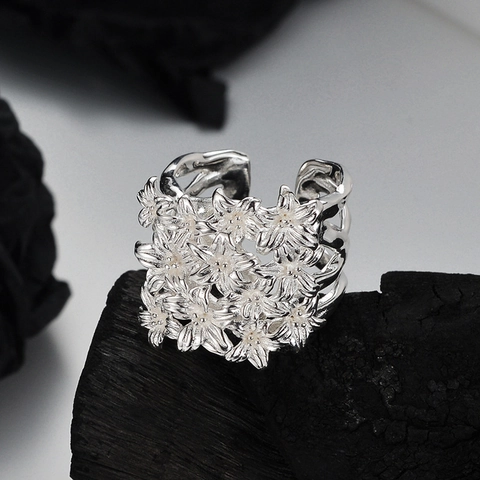 Authentisch S925 Sterlingsilber Blumenstrauß Offener Ring Für Damen Vintage Minimalistisch Breites Band Floral Verstellbarer Fingerring Schmuck