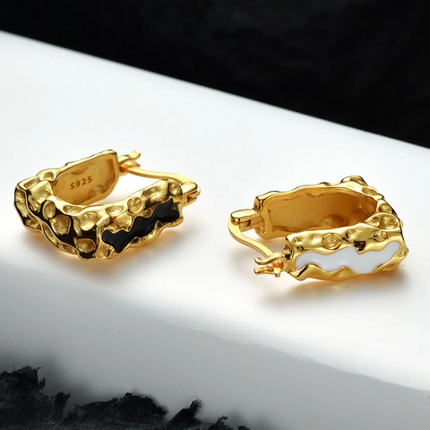 Pendientes de Aro de Lava con Textura Irregular de Plata de Ley 925 para Mujer Joyas de Oreja en Forma de U Geométricas de Lujo