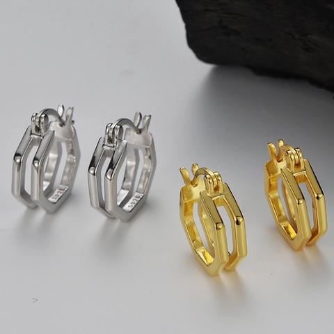 Pendientes de Aro Geométricos de Doble Capa de Plata de Ley 925 Clips de Oreja Huecos Minimalistas Joyería de Moda para Mujer