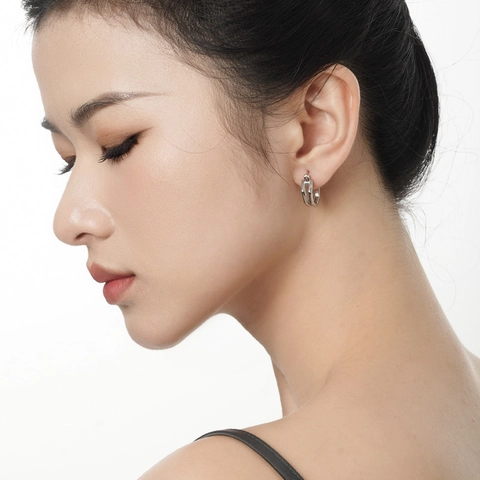 Pendientes de Aro Geométricos de Doble Capa de Plata de Ley 925 Clips de Oreja Huecos Minimalistas Joyería de Moda para Mujer