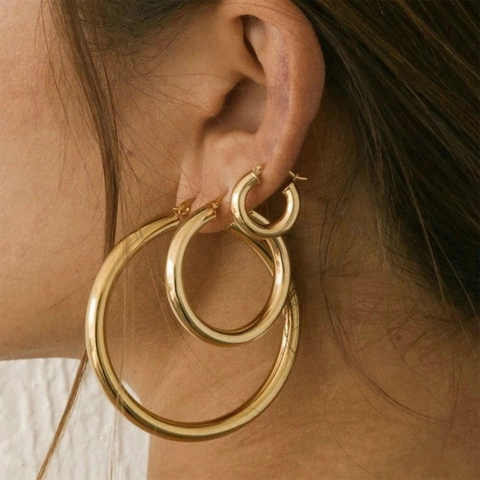 Boucles d'Oreilles Créoles en Acier Inoxydable Plaqué Or 14K pour Femme Minimaliste Chunky Rondes Géométriques Bijoux