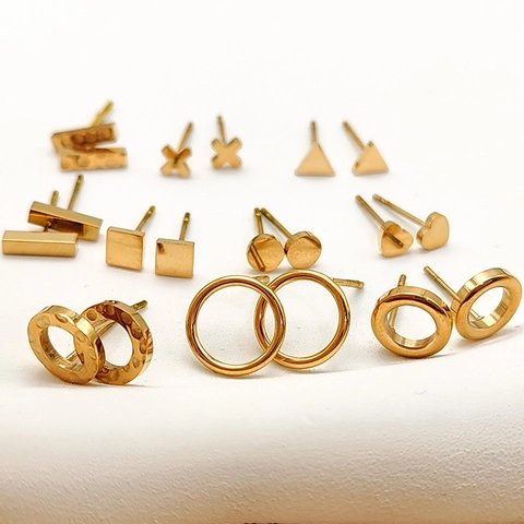Stainless Steel Geometric Stud Earrings For Women Gold Plated Minimalist Heart Round Triangle Square Bar Shape Fashion Jewelry