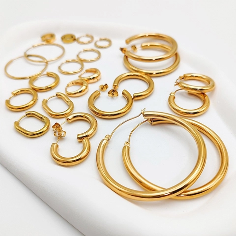 Boucles d'Oreilles Créoles en Acier Inoxydable Plaqué Or 14K pour Femme Minimaliste Chunky Rondes Géométriques Bijoux