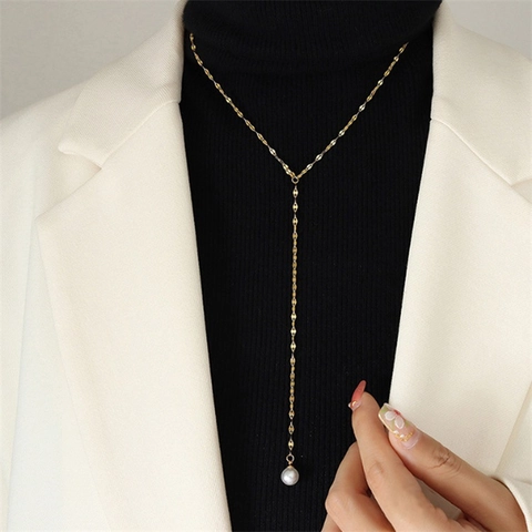 Collar en Forma de Y de Acero Inoxidable Minimalista para Mujer Oro Plata Oro Rosa Colgante de Perla Artificial Joyería