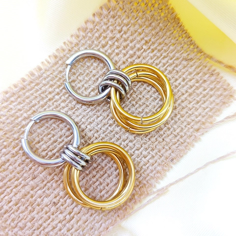 Edelstahl Zweifarbig Ineinandergreifende Ring Ohrringe 18K Vergoldet Geometrische Ohrenschnalle Mode Schmuck Für Damen