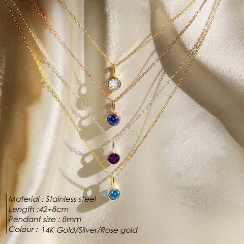 Luxury 316L Stainless Steel Birthstone Pendant Necklace For Women Round Zirconia 14K Gold Silver Plated Minimalist Everyday Jewelry Gift