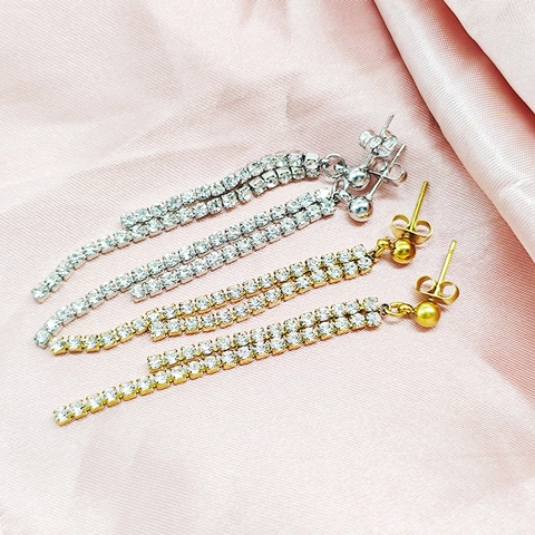 Elegante Titaniumstalen Dubbele Rij Zirconia Lange Kwastjes Hangende Oorbellen Voor Vrouwen Luxe Mode Sieraden Accessoires