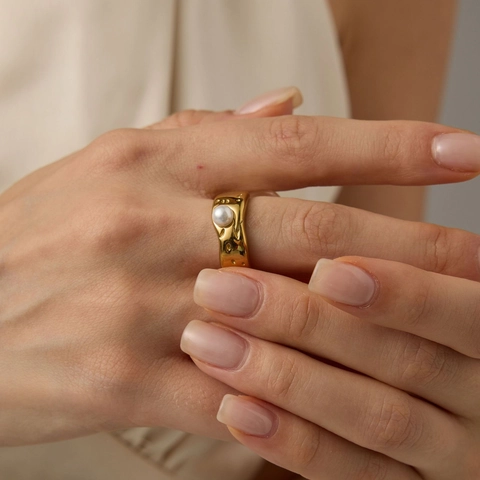 Anello Aperto Vintage in Acciaio Inossidabile Trama di Lava per Donna Placcato Oro Perla Artificiale Regolabile Gioielli alla Moda