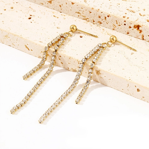 Elegante Titaniumstalen Dubbele Rij Zirconia Lange Kwastjes Hangende Oorbellen Voor Vrouwen Luxe Mode Sieraden Accessoires