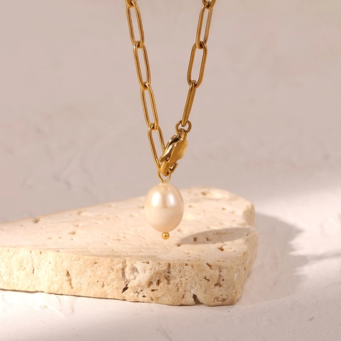 Collar con Colgante de Perla de Agua Dulce de Acero Inoxidable Cadena de Clip Chapada en Oro en Forma de Y Joyería Minimalista para Mujer