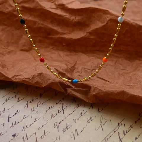 Collana Girocollo Rainbow in Acciaio Inossidabile Placcato Oro 14K Con Perline Colorate Zirconia Perle Artificiali Smalto Boho