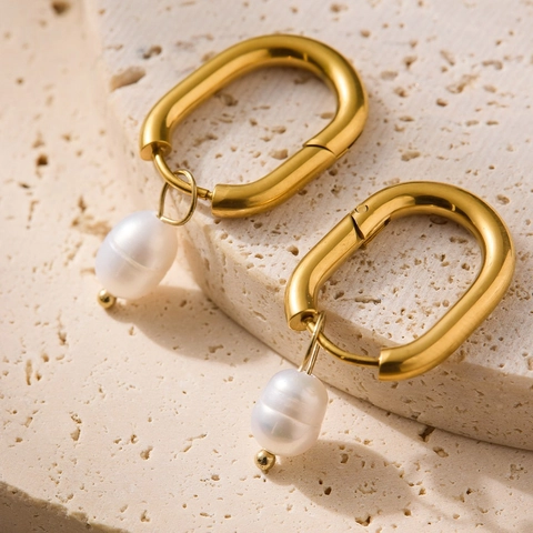 Edelstahl U-Form Creolen Für Damen Französischer Vintage Vergoldet Süßwasserperle Hängeohrringe Schmuck