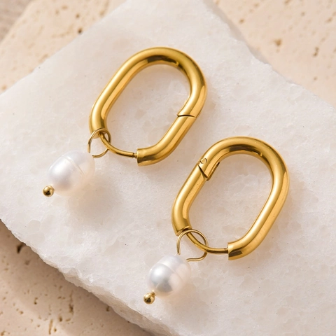Edelstahl U-Form Creolen Für Damen Französischer Vintage Vergoldet Süßwasserperle Hängeohrringe Schmuck
