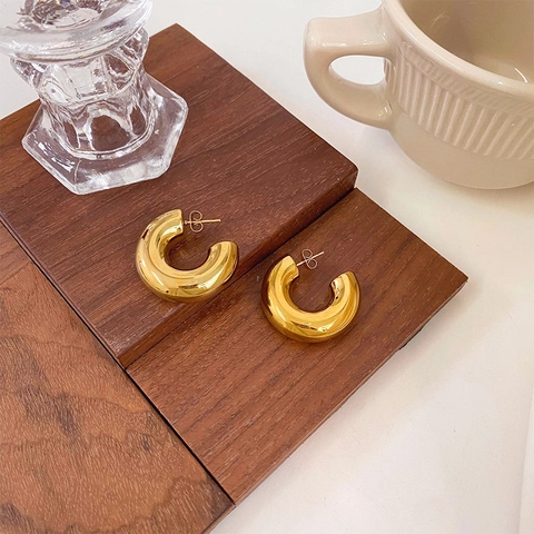 Orecchini a Cerchio a C in Acciaio Inossidabile Chunky per Donna Gioielli Geometrici Lucidi Placcati in Oro Accessorio Statement