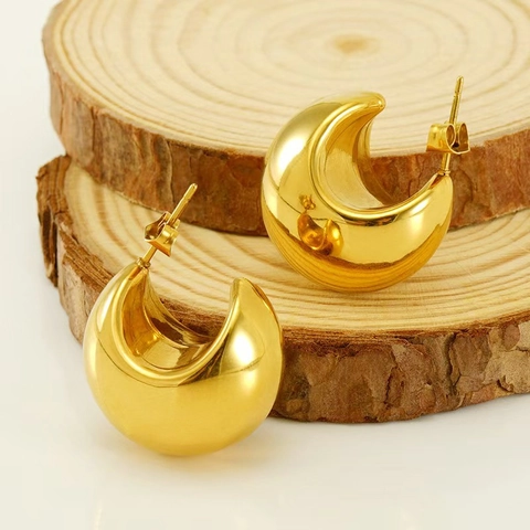 Orecchini a Cerchio C-Shaped in Acciaio Inossidabile Placcato Oro 18K per Donna Orecchini a Bottone a Luna Minimalisti Lucidati a Specchio