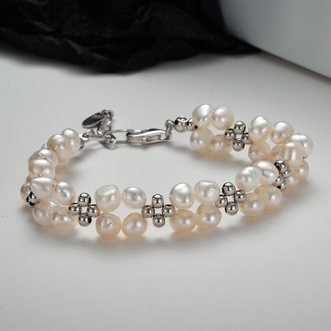 Pulsera de Plata de Ley 925 Tejida con Perlas Artificiales para Mujer Perla Barroca Joyería Ajustable Regalo