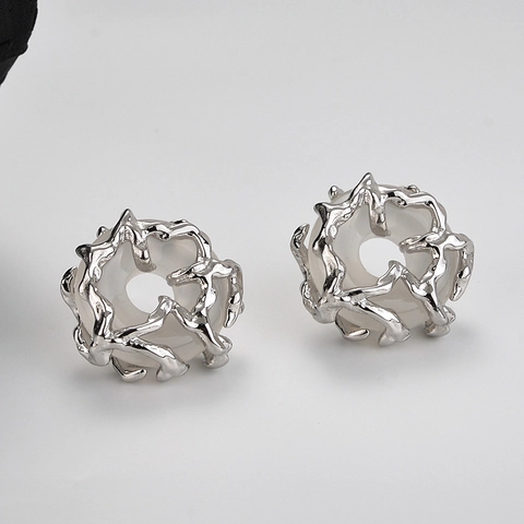 Orecchini a Bottone Pingan Kou in Argento Sterling S925 Nuovo Stile Cinese Artistico Avvolto in Filo Bianco Pietra Orecchini per Donna
